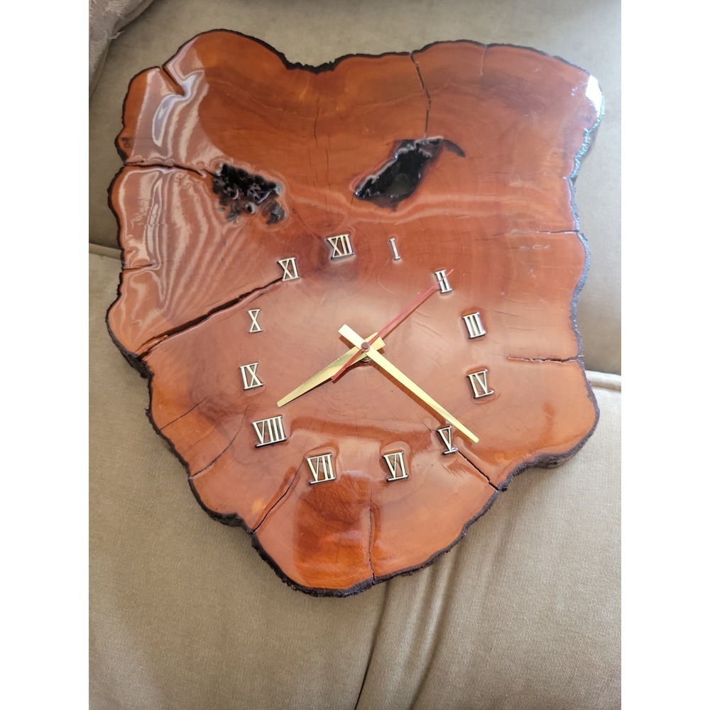 70s Vintage WOOD WALL CLOCK Handmade Slice of A Tree Live Edge